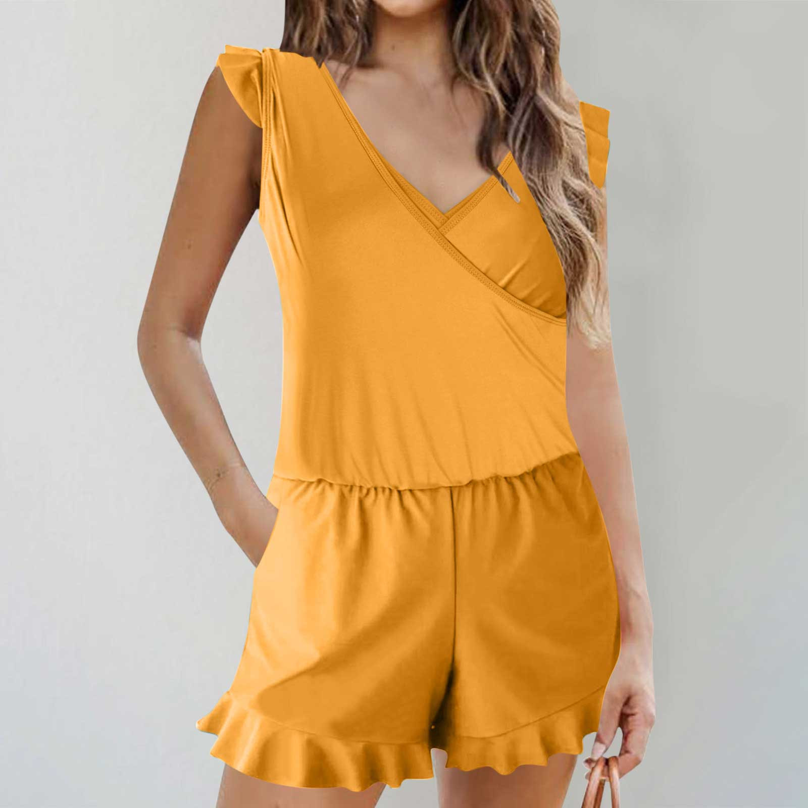 Njoeus One 1- Piece Swimsuit Women, Women's Ruffle V-Neck Bathing Suits Ruched Swim Shorts Romper for Women Swimwear Jumpsuits with Built In Bra and Pockets S-3XL